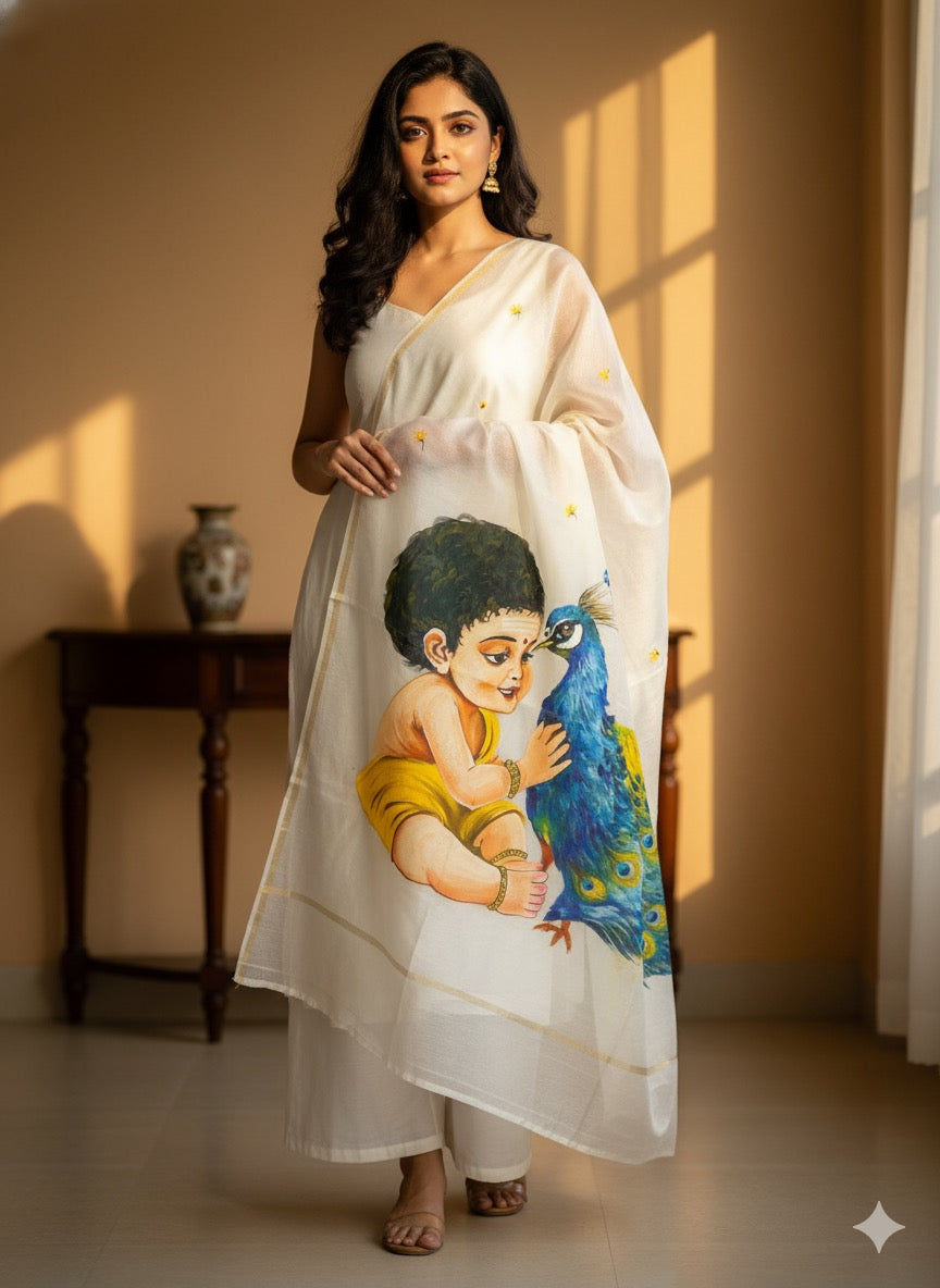 White pure chanderi dupatta , “Mural of Mischief -Baal Krishna bond”