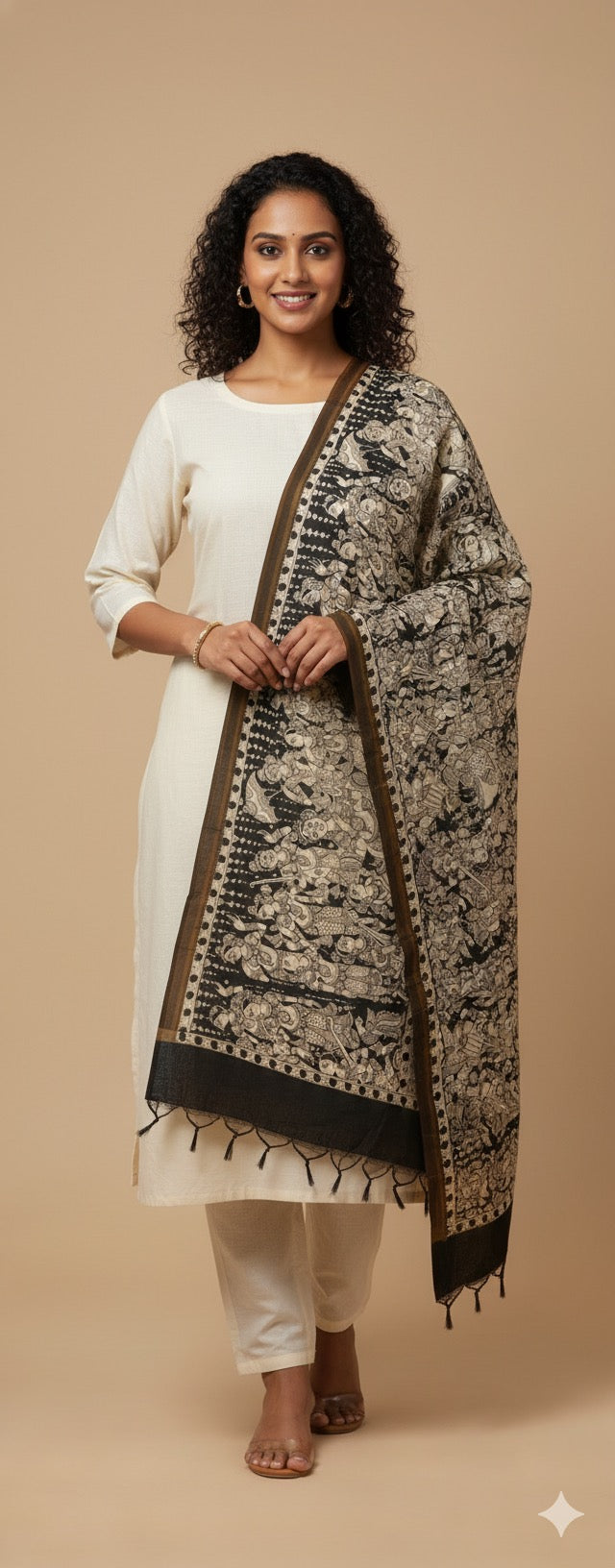 Mangal Kari silk Kalamkari hand painted dupatta “ Taal Gatha : The sacred symphony “