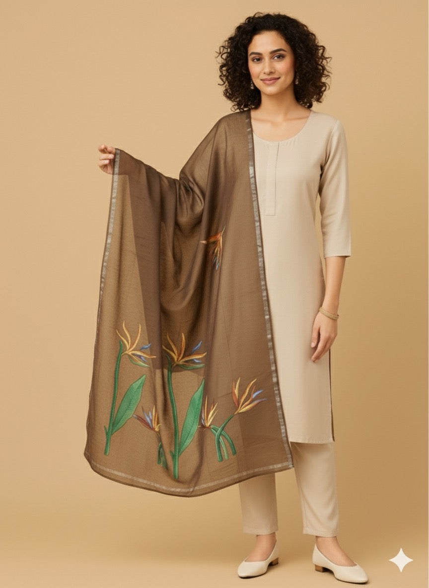 Brown coloured pure chanderi dupatta “ wings of paradise”