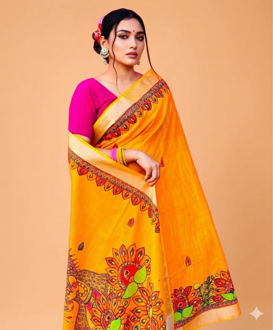 Yellow Lenin madhubani saree