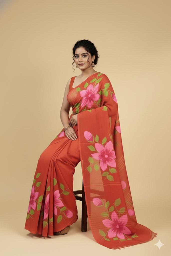 Vermicelli orange mul cotton saree