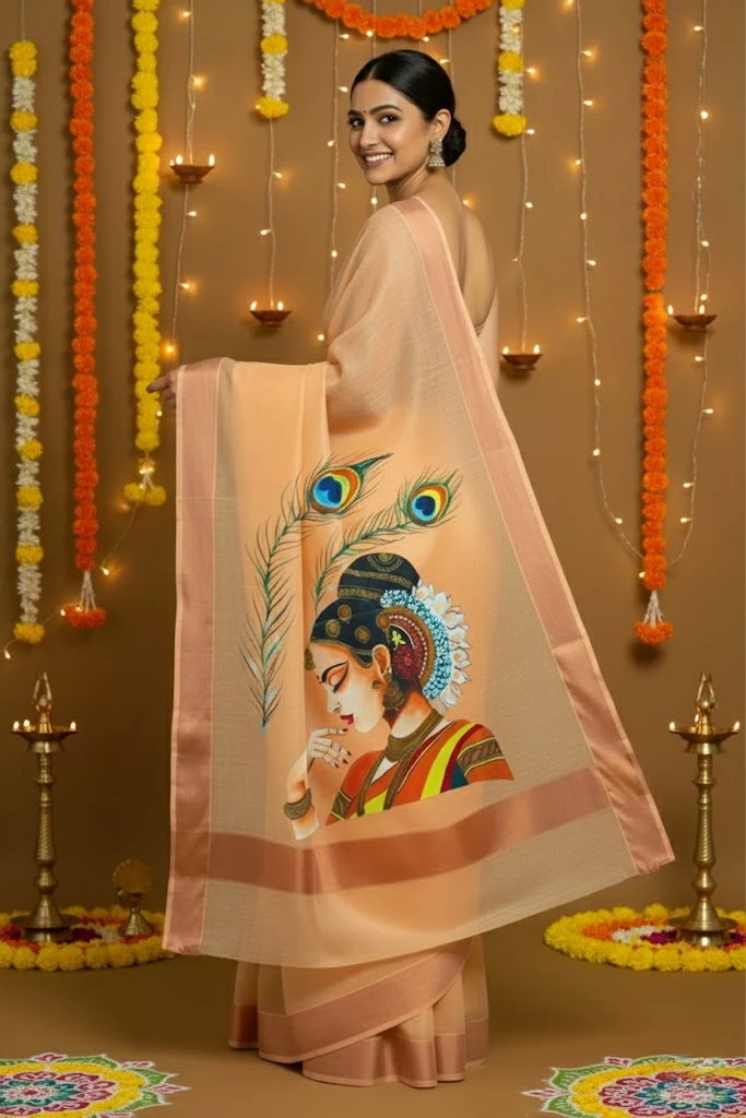 Orange Kerala tissue saree : Radha’s silent Melody