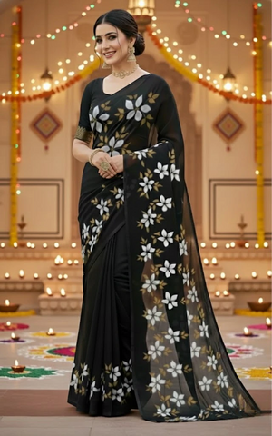 Black georgette saree : The midnight bloom