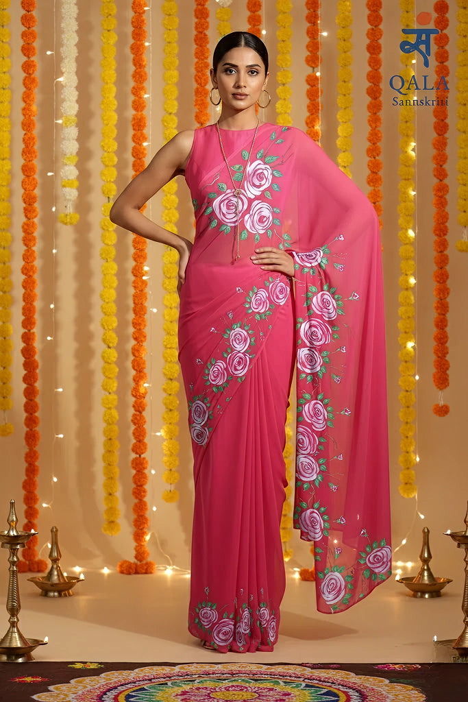 Hot pink floral georgette saree : Whispers of Rose Dawn