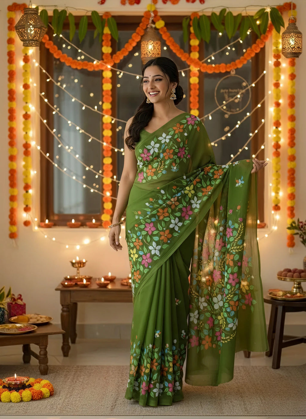 Sap green georgette saree : Basanti Vannam