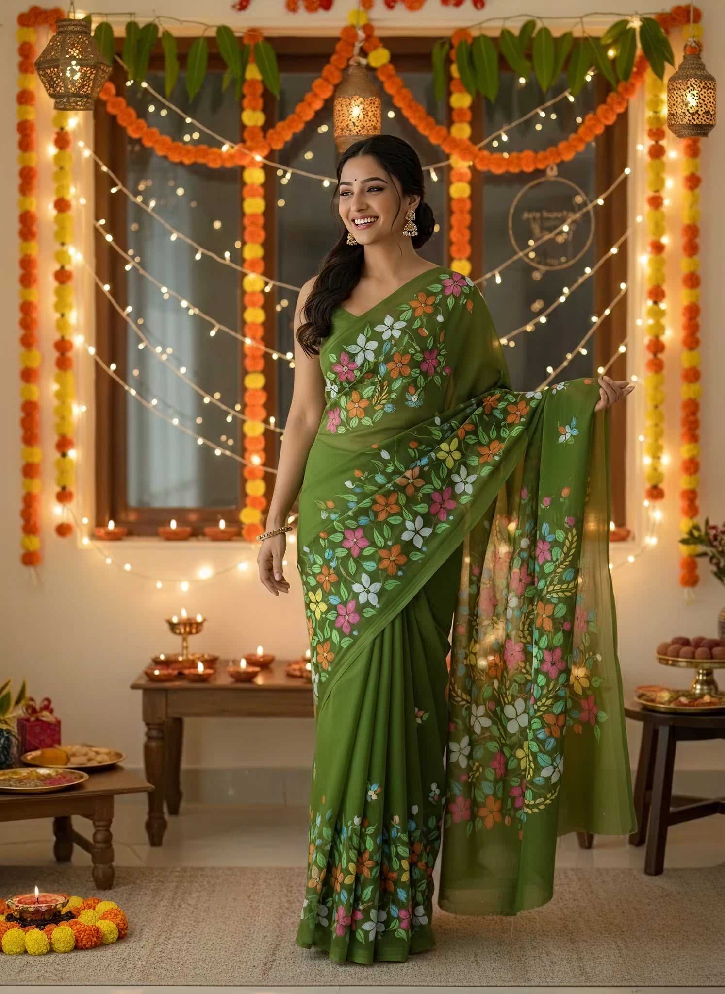 Sap green georgette saree : Basanti Vannam
