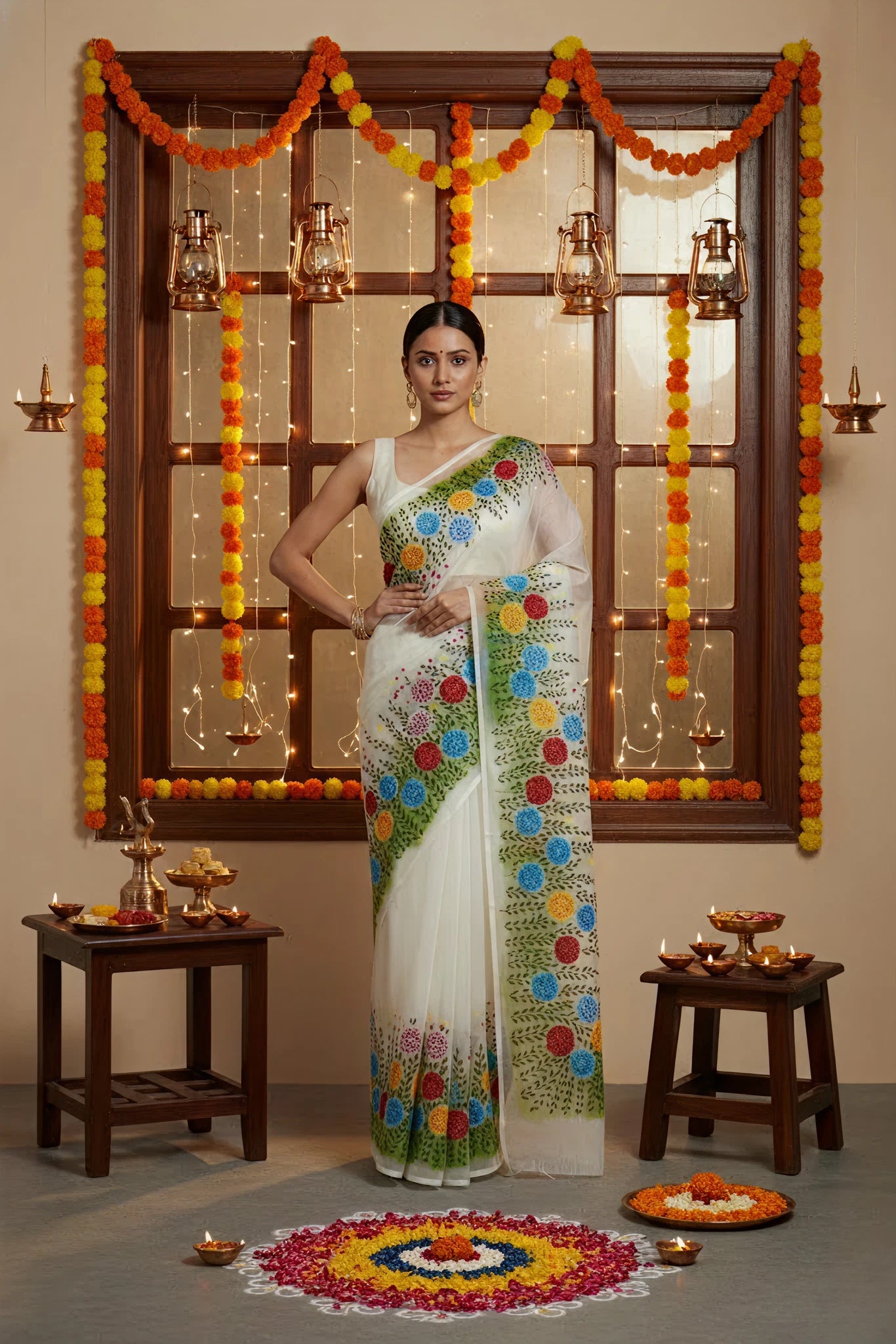Pure white organza silk saree : The Garden Whispers