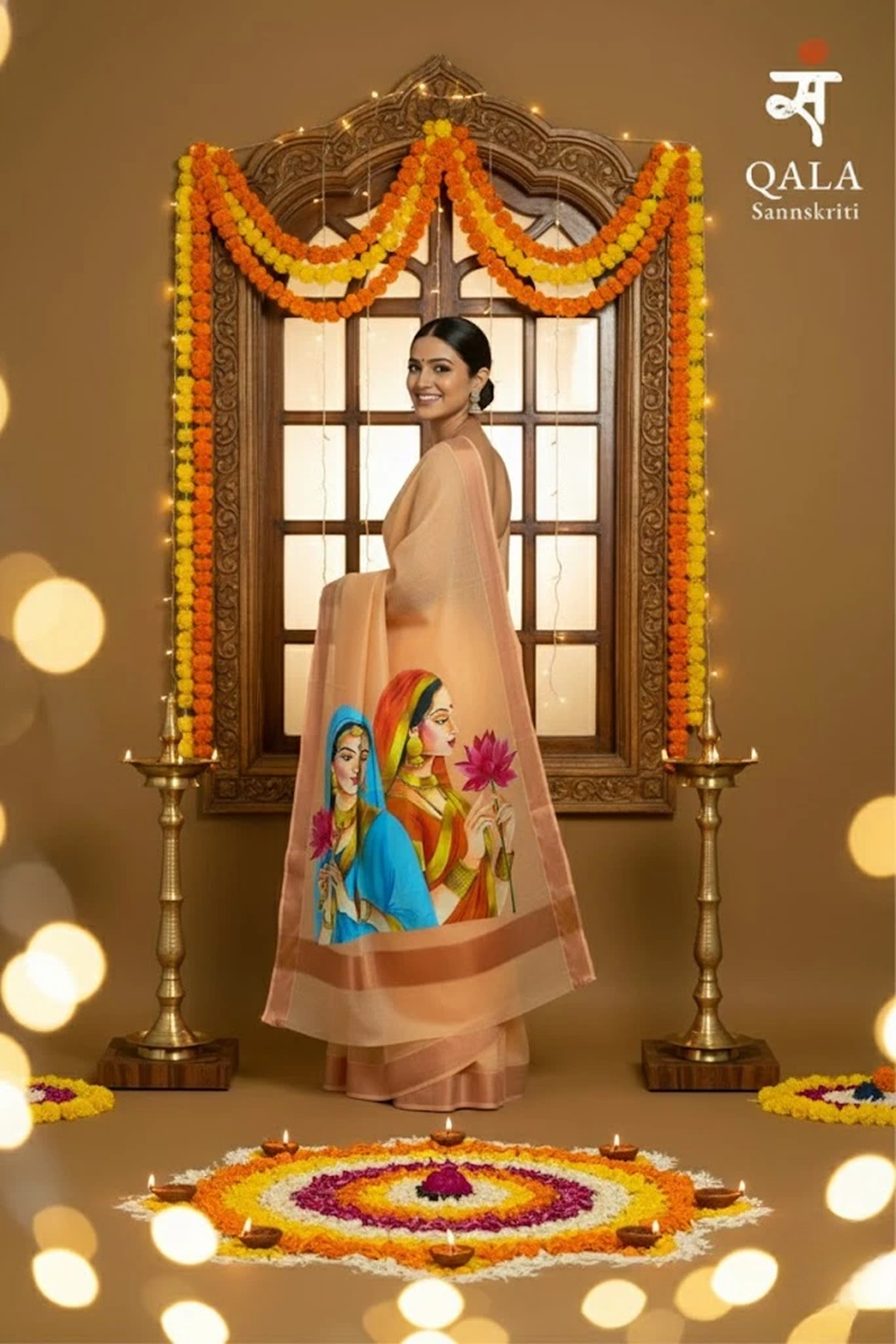 Orange shaded Kerala kasavu tissue saree: Lotus of Grace