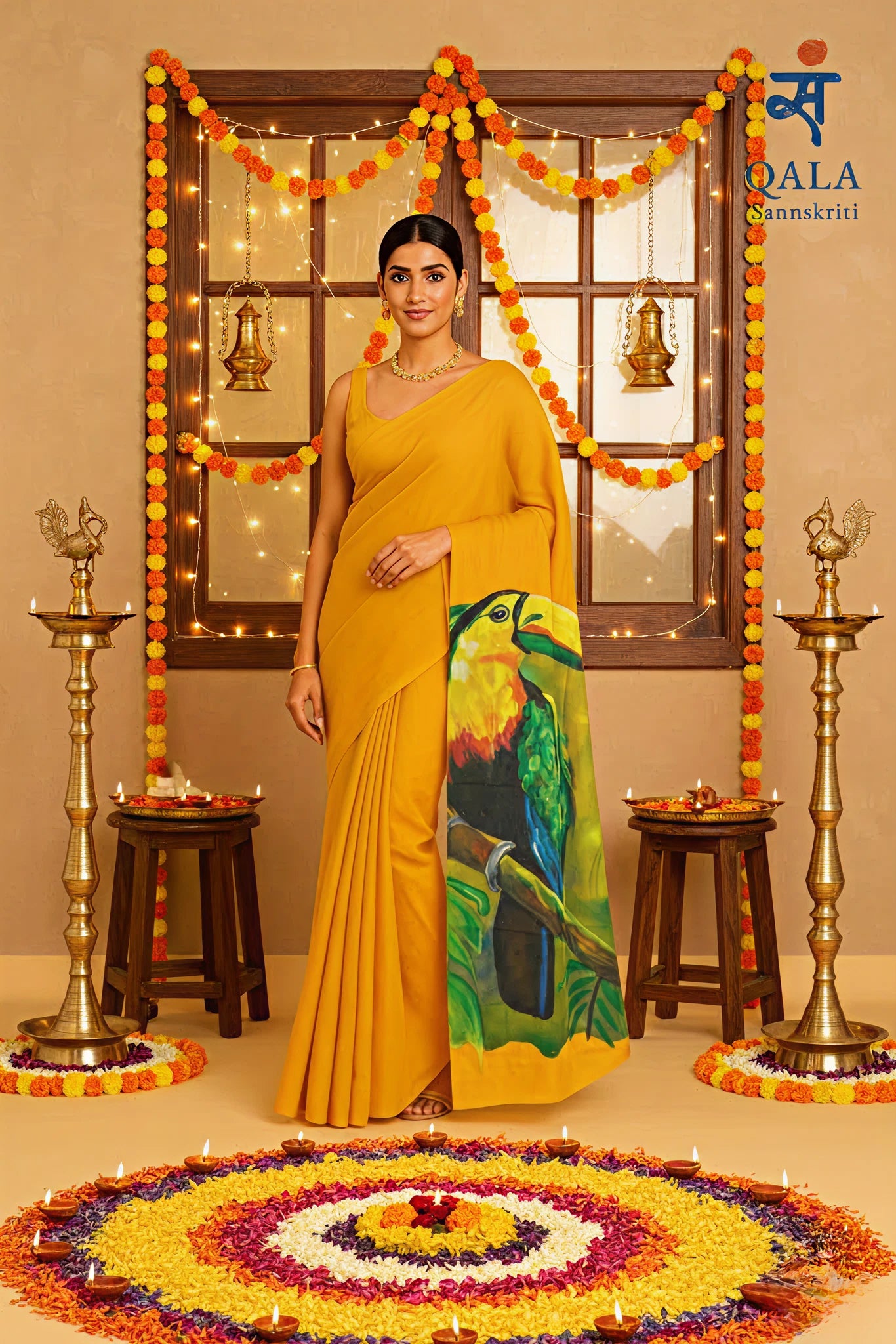 Deep yellow pure Chanderi saree : “Tropical whispers -The Toucan Tale”