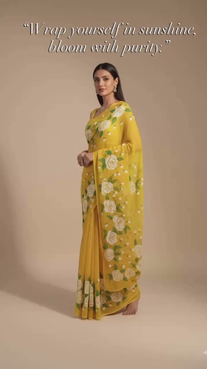 Yellow georgette saree : Golden bloom