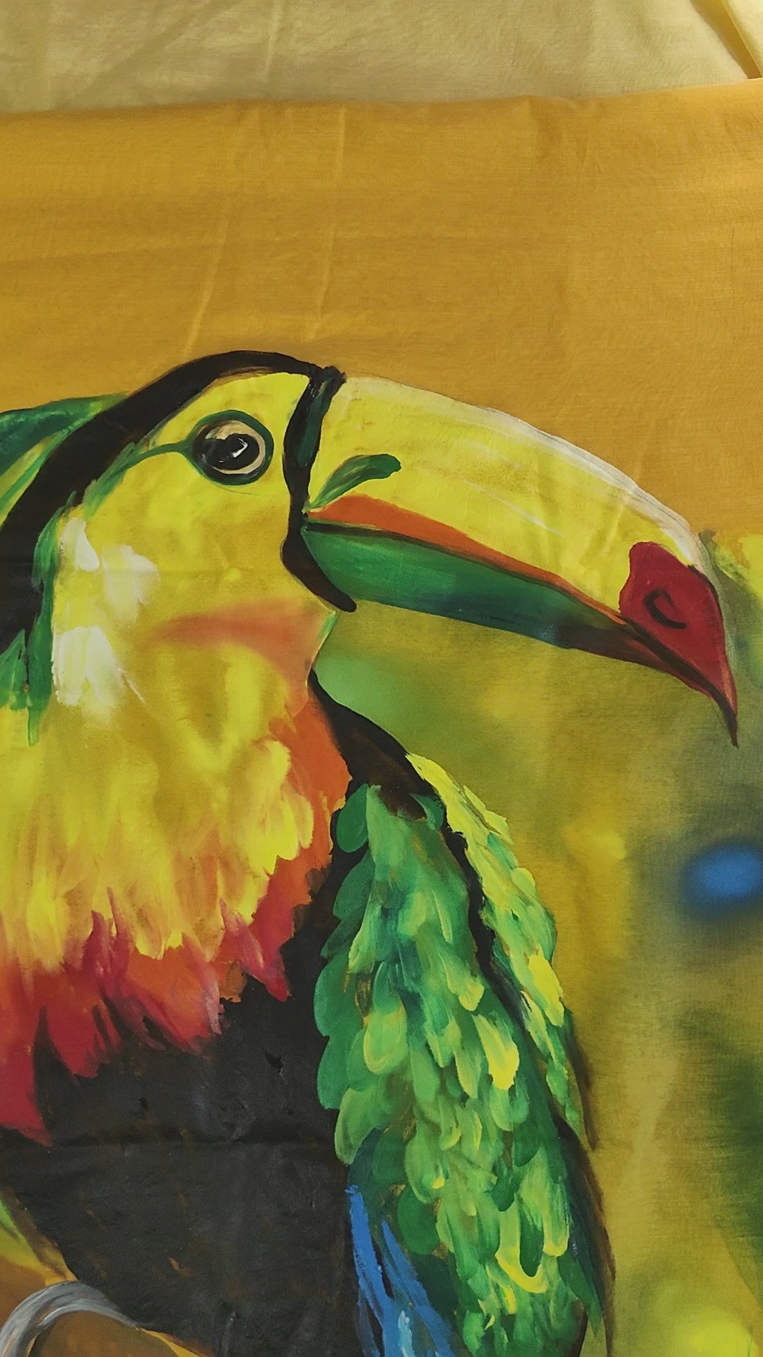 Deep yellow pure Chanderi saree : “Tropical whispers -The Toucan Tale”