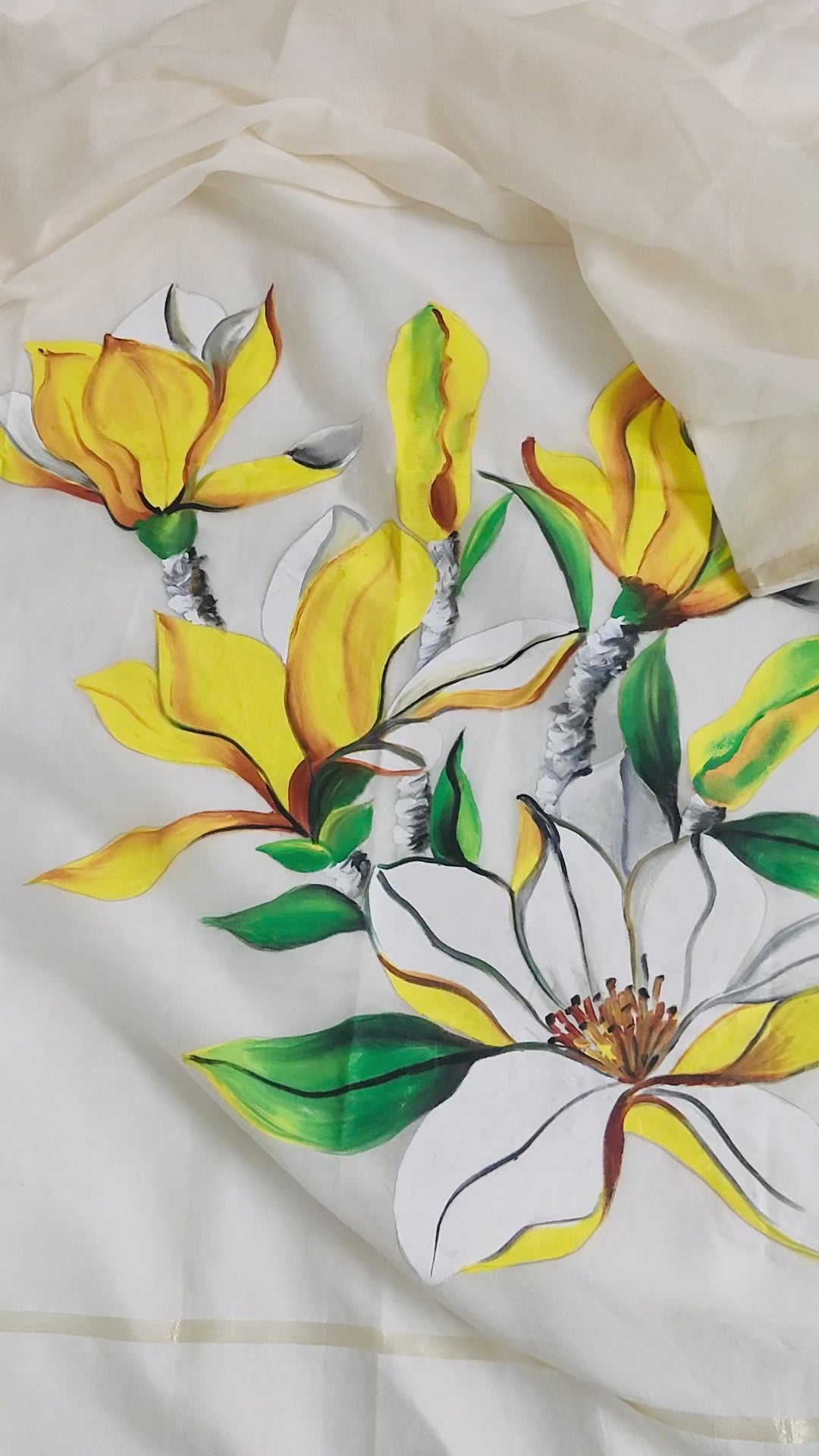 Yellow florals pure natural coloured chanderi silk dupatta : Whispers of Magnolia
